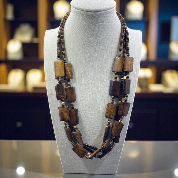 Park Lane Wood Beaded Layered Necklace Boho Earthy Rustic Organic Statement - Picture 1 of 9